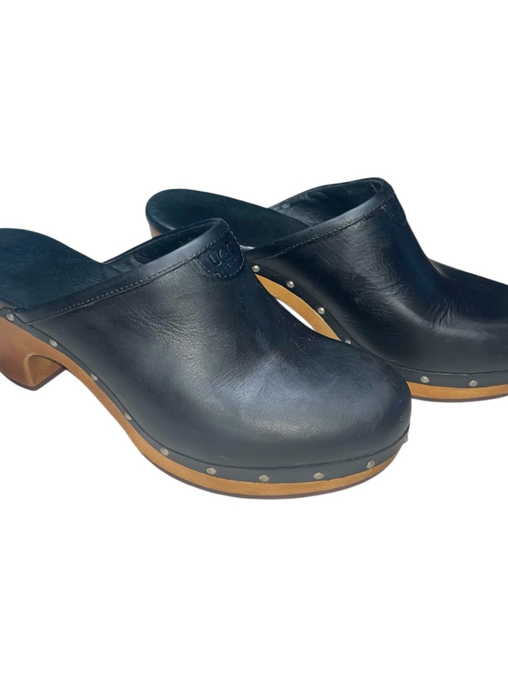 UGG Abbie 1951 Studded Clogs Women US 8 Black Leather Sheepskin Lined Wood Heel